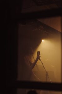 Captivating image of a jazz singer performing with a vintage microphone in a dimly lit club.